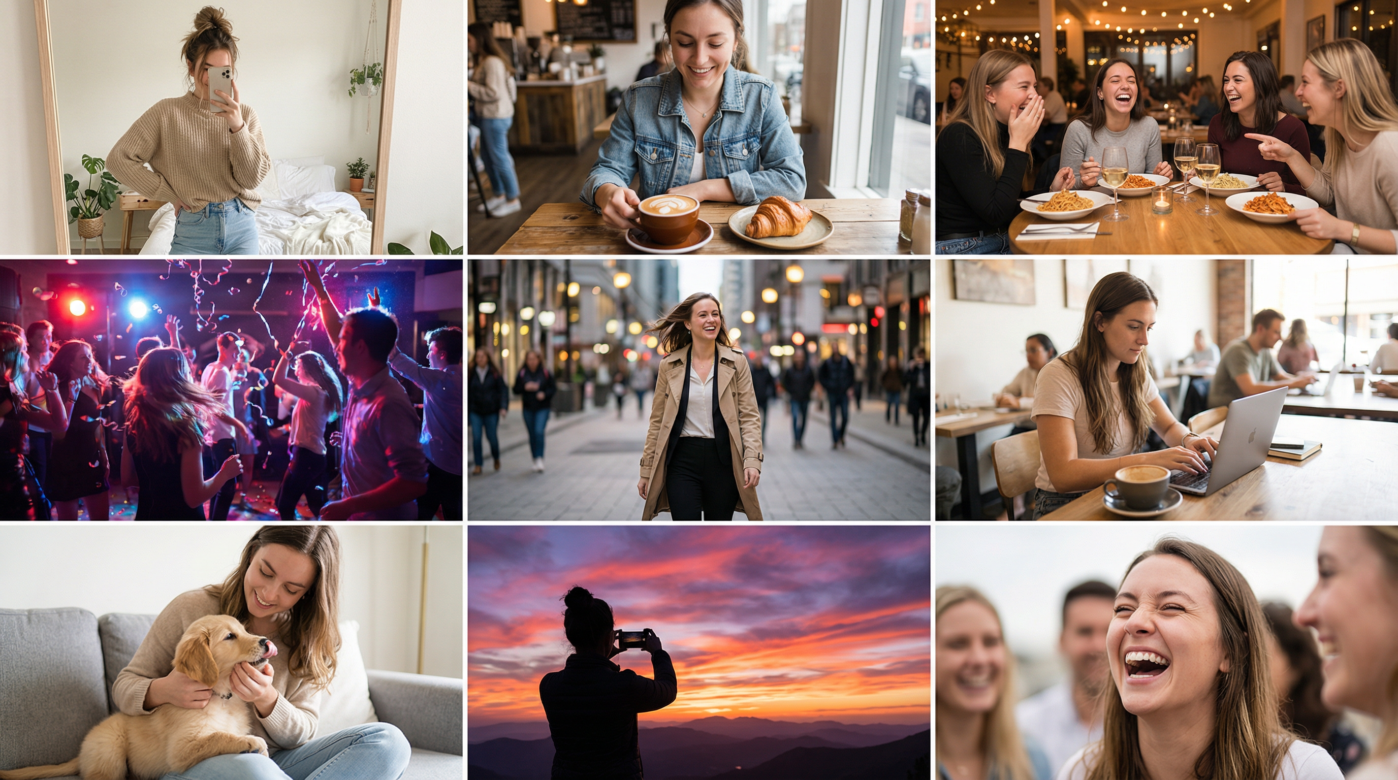 Professional 4K lifestyle photography grid showcasing 9 diverse everyday moments: home comfort, café