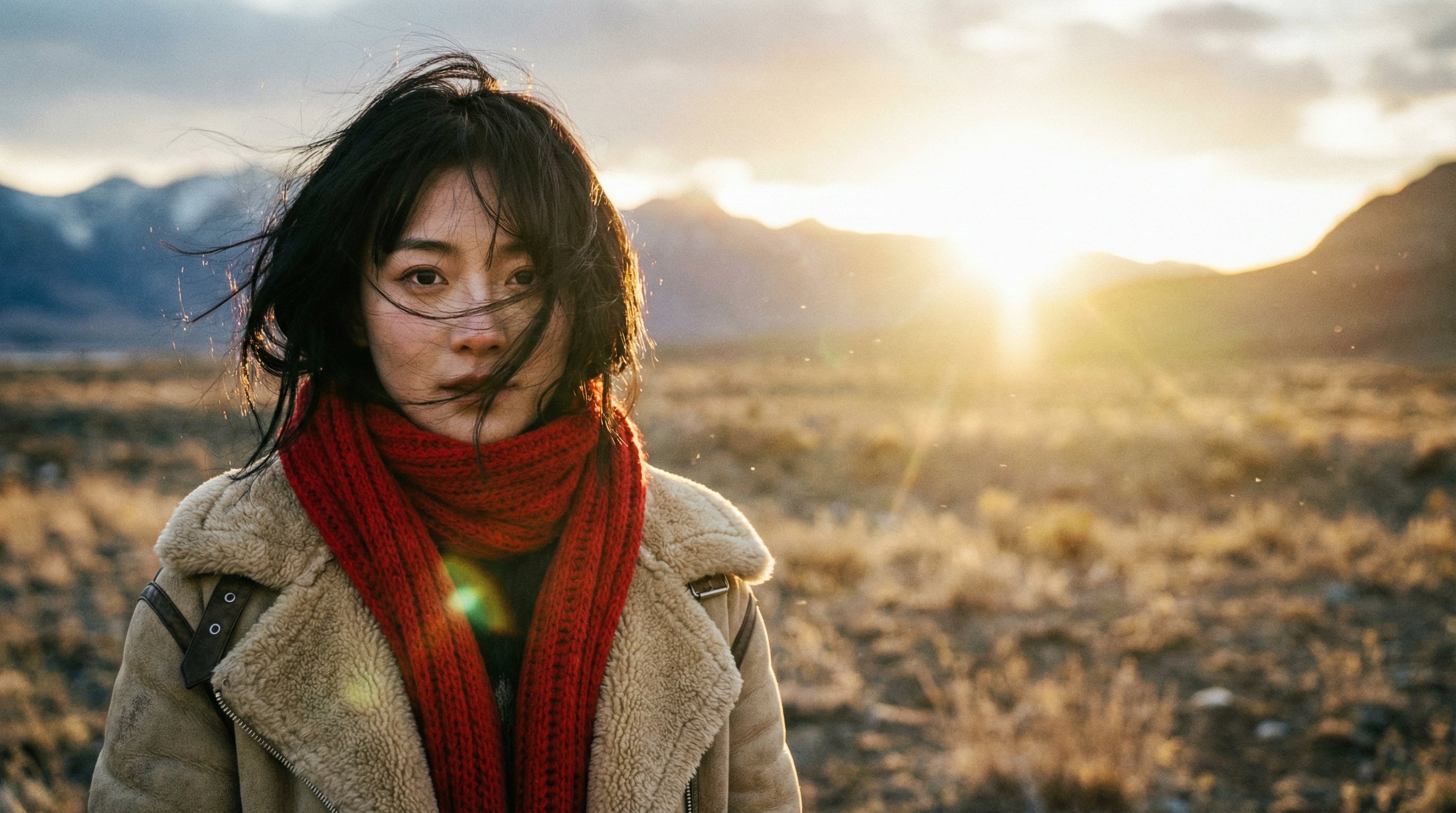 Cinematic outdoor portrait at golden hour in 4K, young woman wearing beige sherpa-lined coat and vib