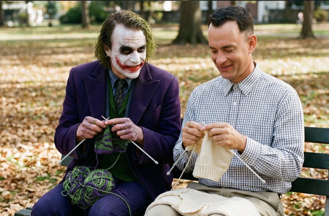 Surreal creative photography in 4K, two contrasting characters sitting on park bench knitting togeth