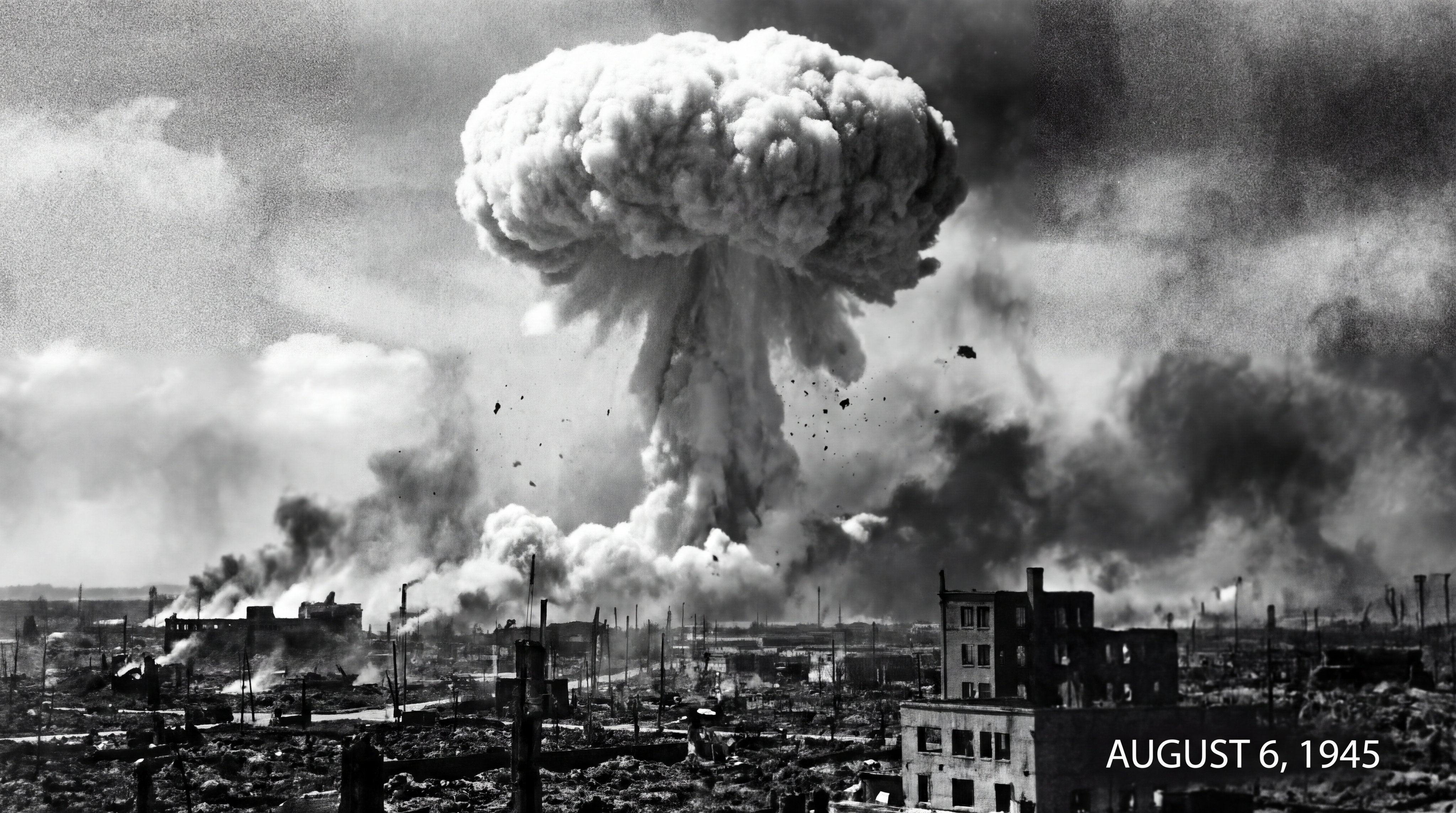 Historical documentary photography in 4K black and white, mushroom cloud explosion rising above deva