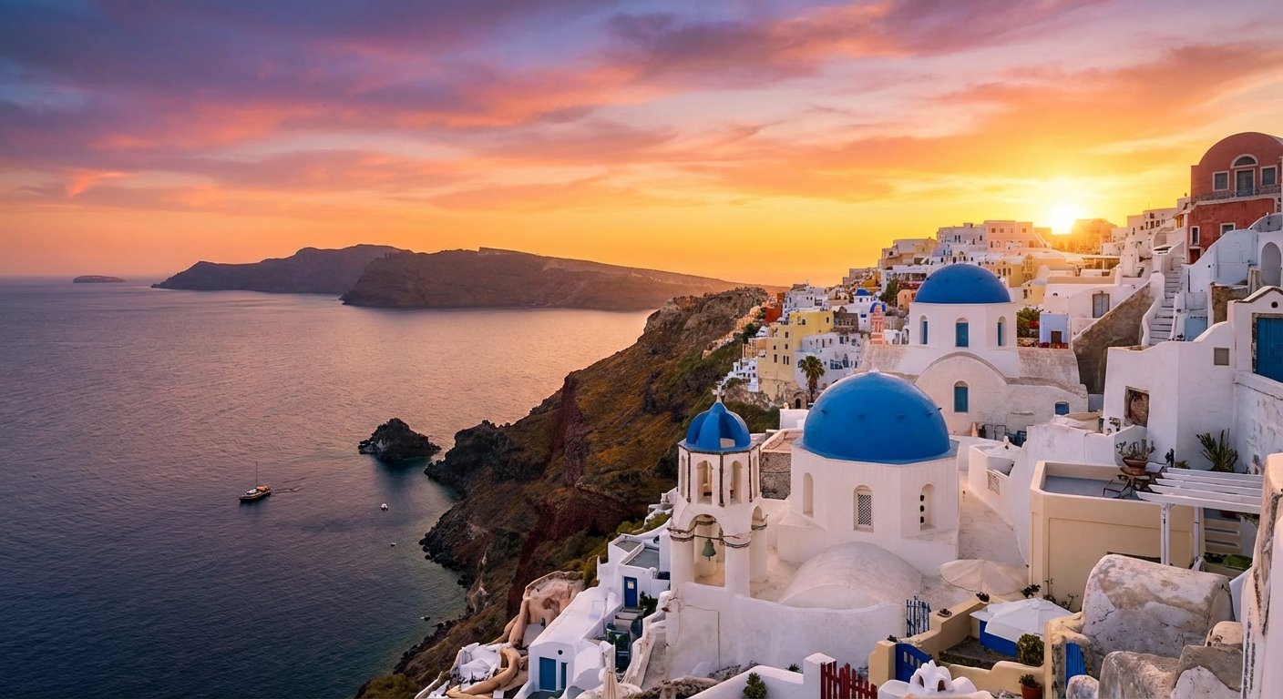 Architectural travel photography in 4K, iconic Santorini Greece scene featuring traditional white-wa