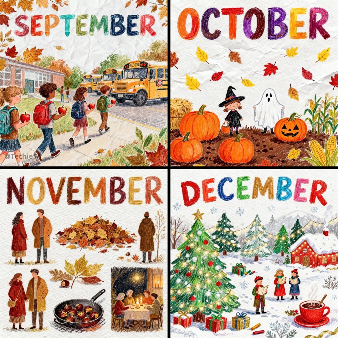 A neat, colorful crayon and colored-pencil drawing of [MONTH], featuring iconic seasonal elements an