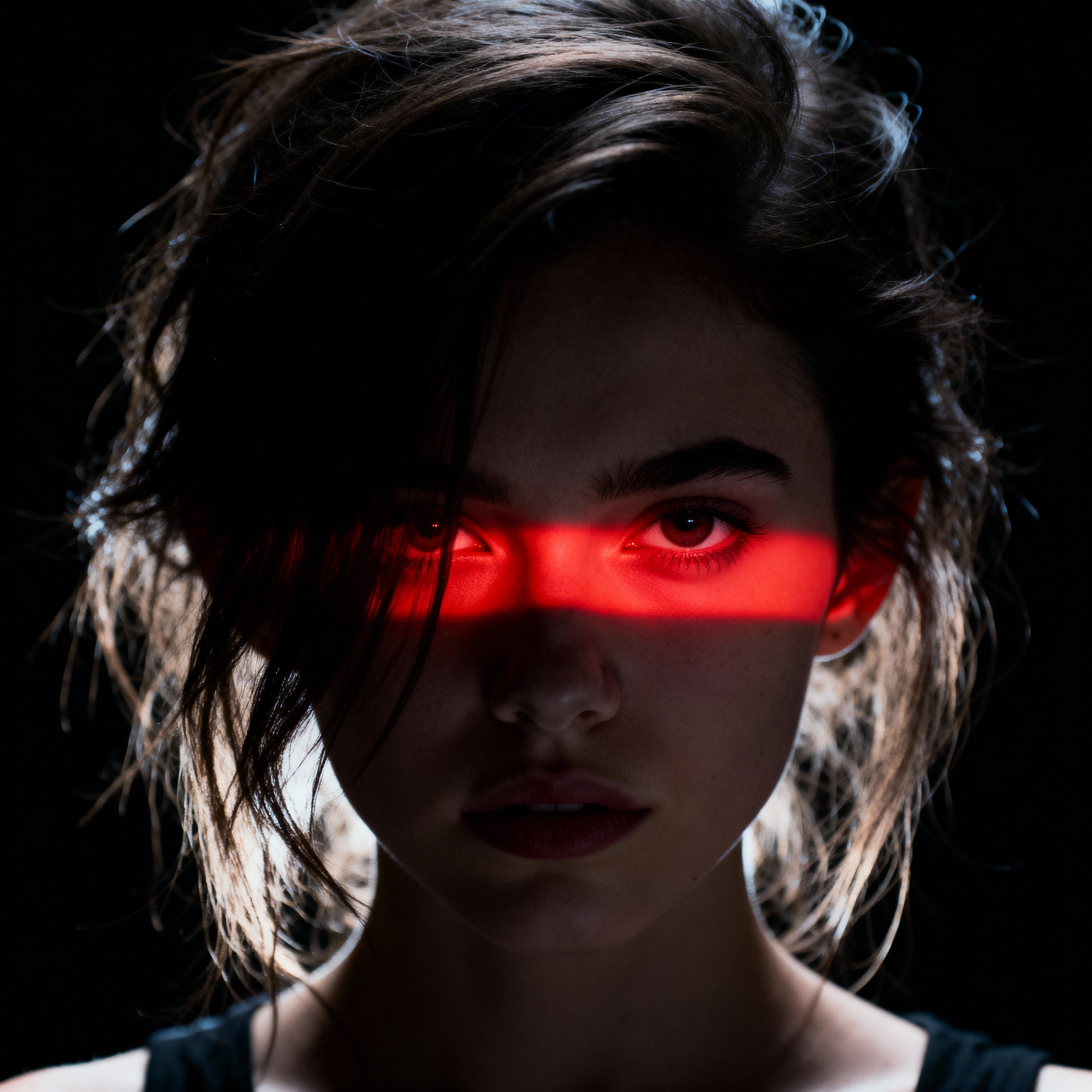 Ultra-realistic 8K dramatic studio portrait of a young woman with messy hair falling over one eye, f