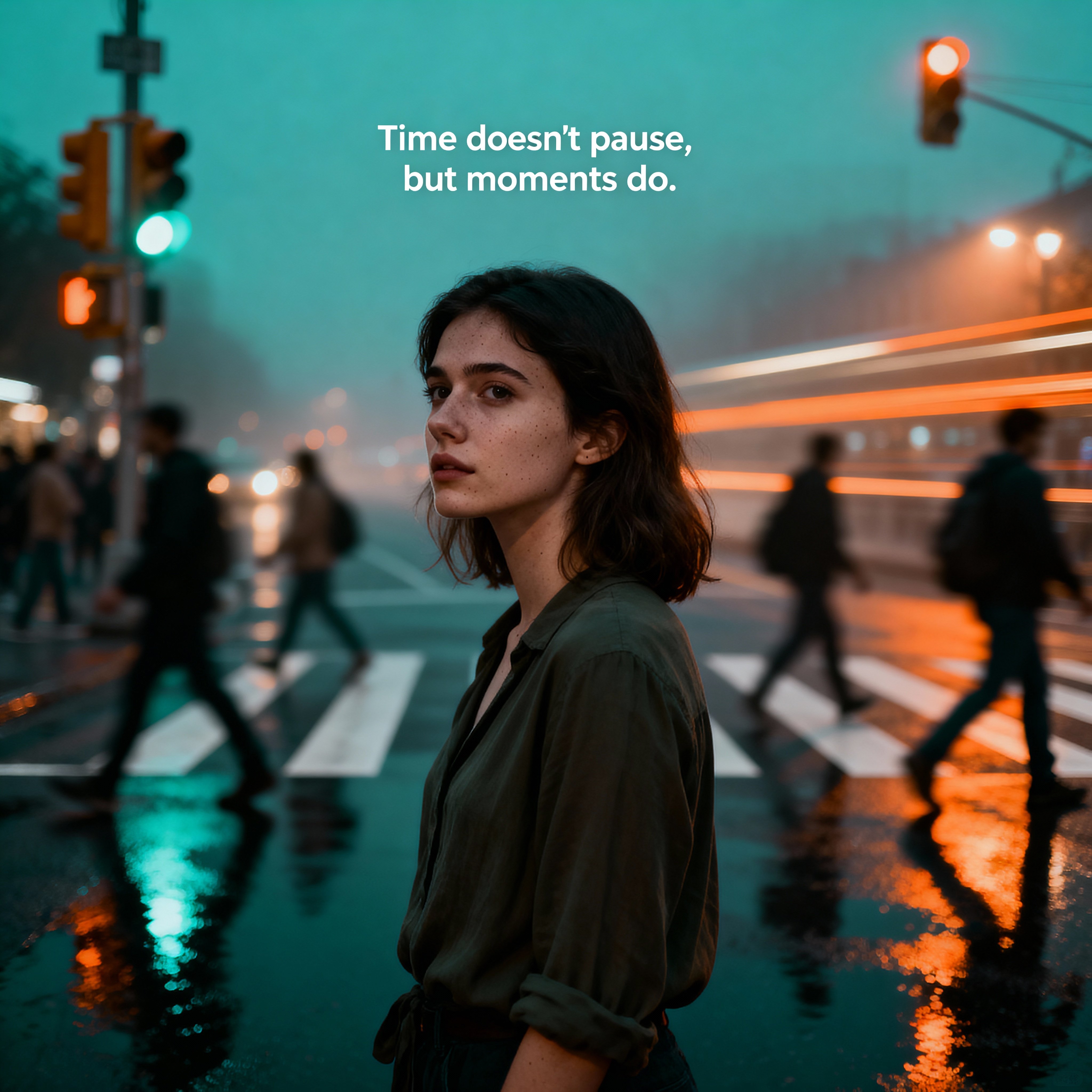 Photorealistic cinematic still of busy city crosswalk at dusk, young woman in late 20s standing stil
