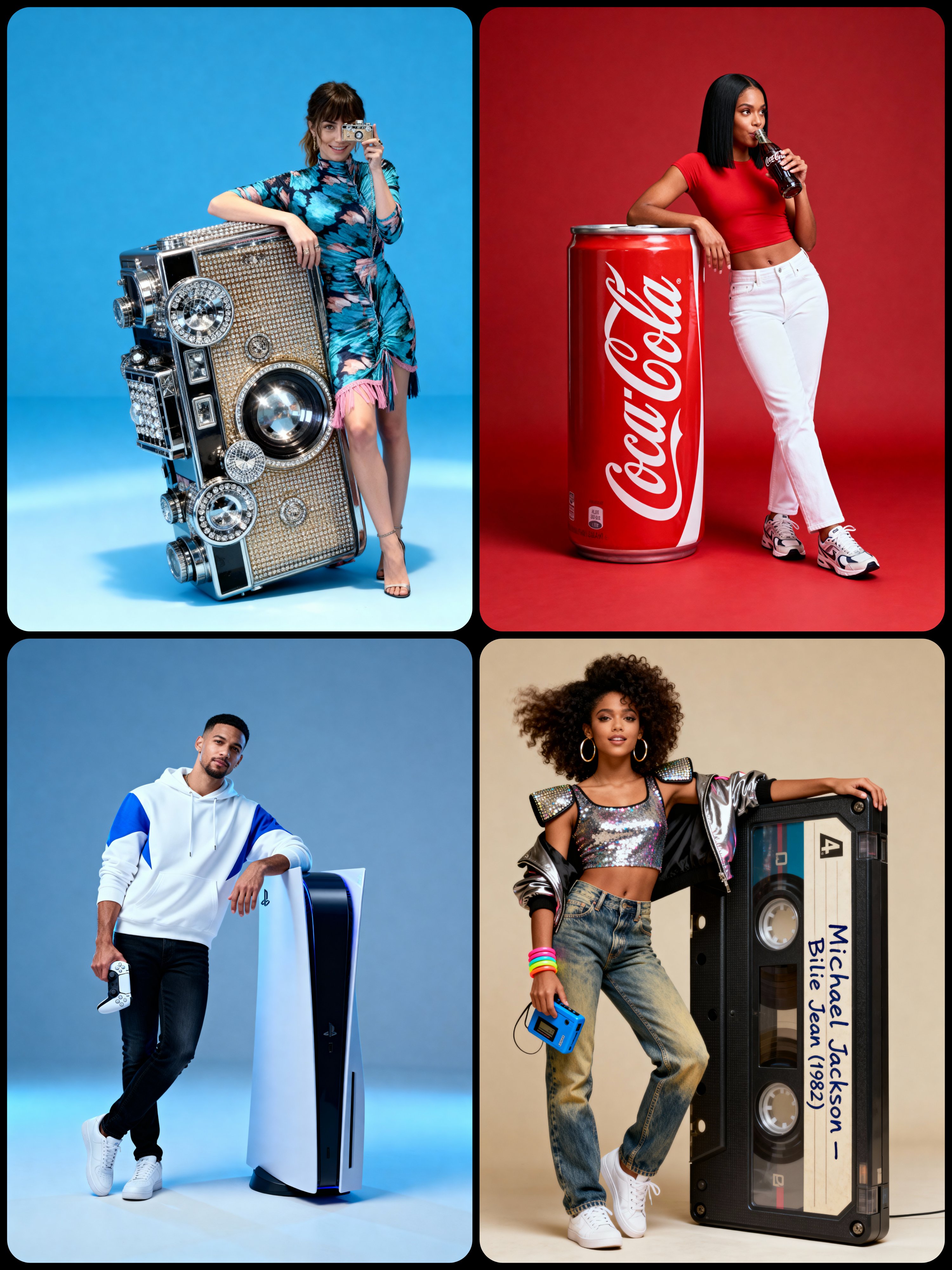 Hyper-realistic full-body portrait with stylish pose, vertical oversized object beside character pla