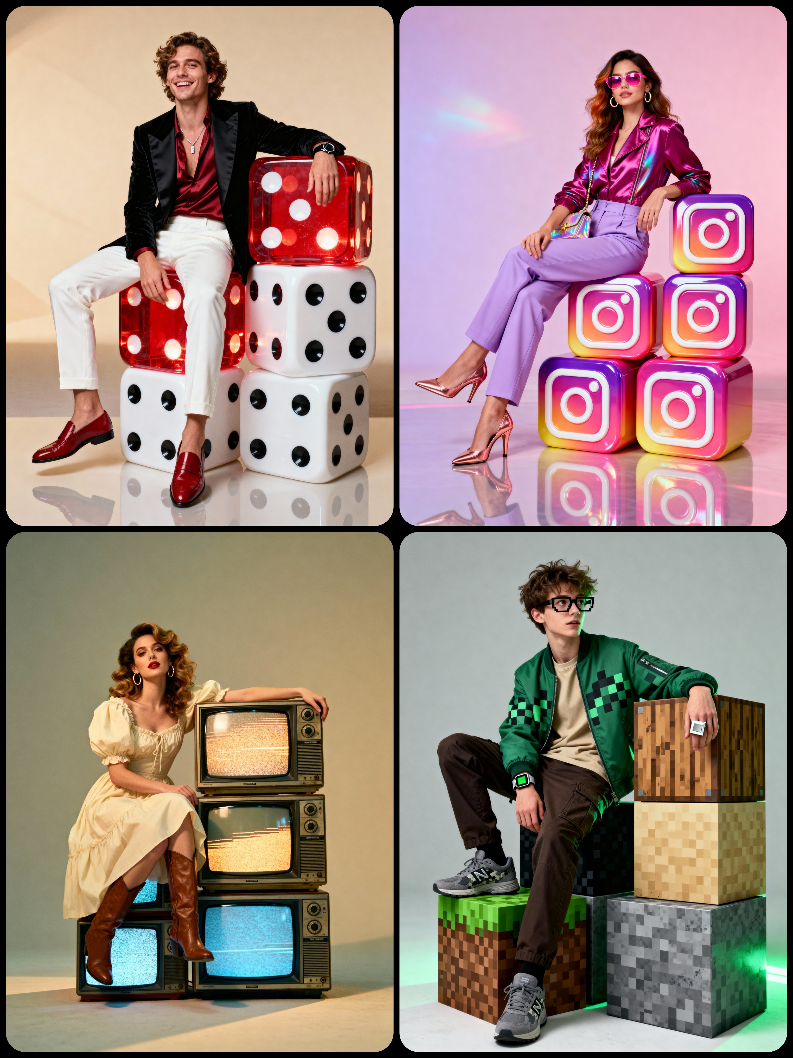 Hyper-realistic full-body studio portrait, character seated on five large cubic objects arranged in