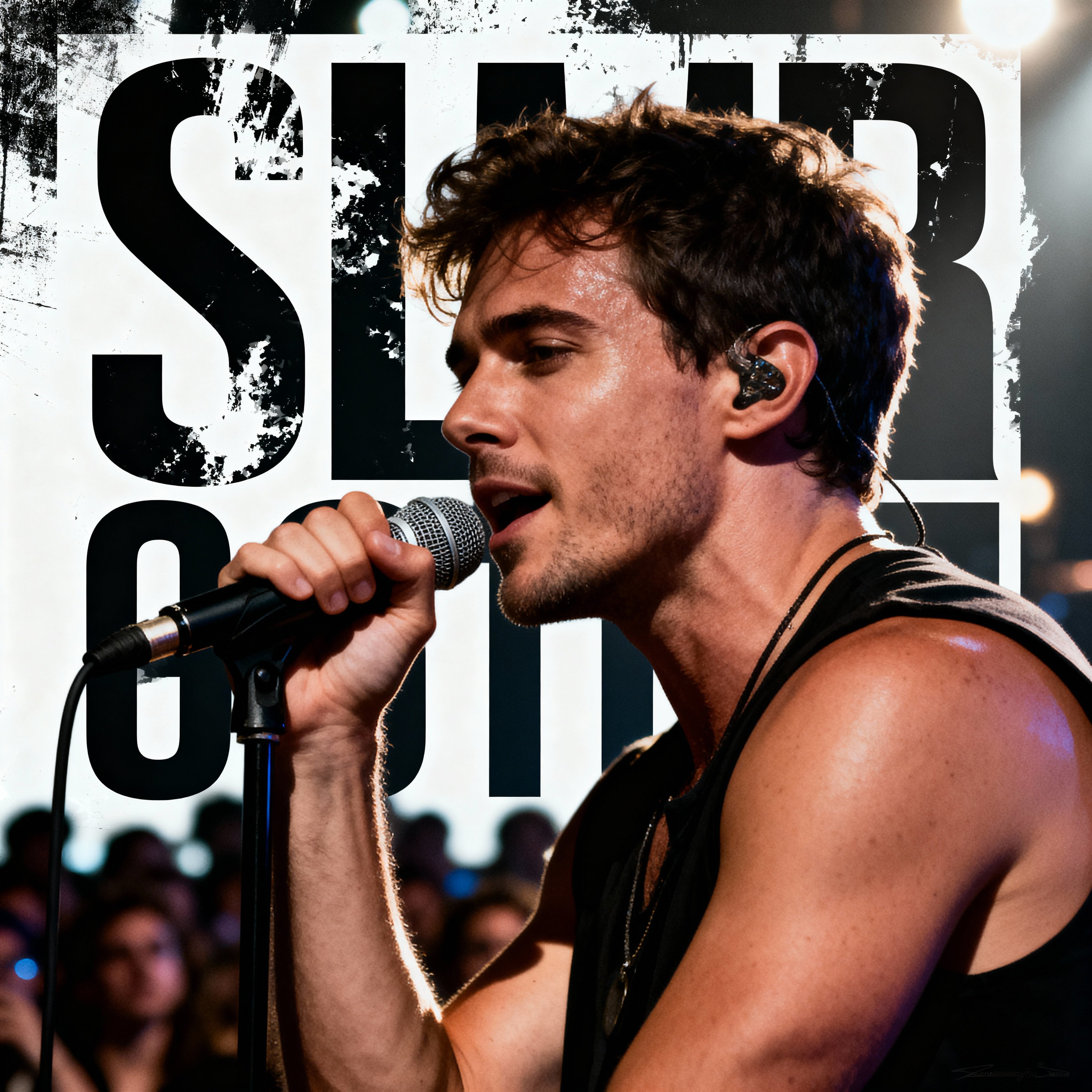 Realistic poster design of a male musician holding a microphone on stage, cinematic lighting with dr